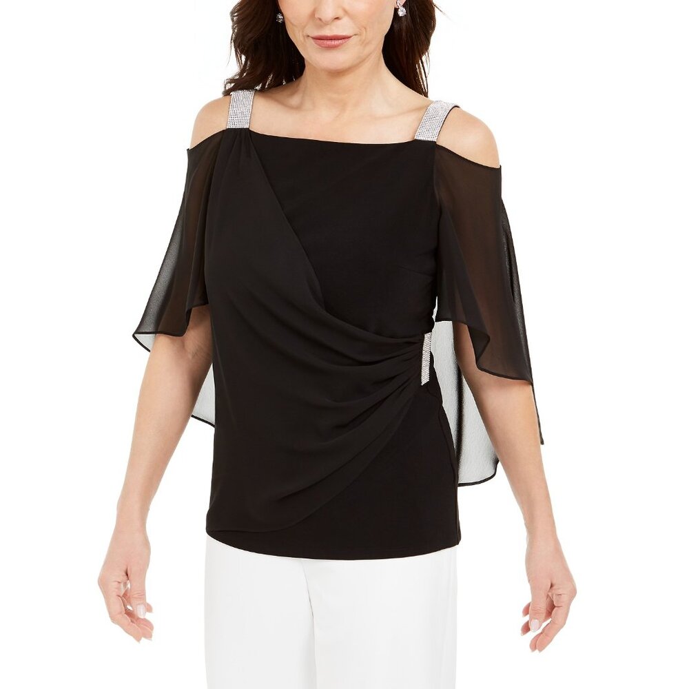MSK Women's Rhinestone Capelet Cold-Shoulder Top Black Medium B4HP
